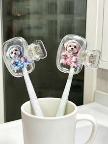 Heart-Shaped Bathrobe Maltese Puppy Brushing Teeth Pattern Toothbrush Head Cover, Storage Box, Toothbrush Protective Cap Holder, Essential Bathroom Accessories For Home And Business Travel, Daily Use And Outdoor Travel, Portable Toothbrush, Back To School Gift - Multicolor - View 4