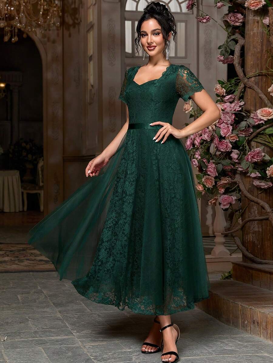 Women's Sweetheart Neckline Lace Flowy Mesh Cocktail Party Dress Fall