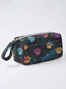 1pc Animal Paw Prints Corduroy Foldable Pencil Case With Side Pocket & Handle, Multi-Use Bag For Start Of School & Travel Essentials,School Supplies - Multicolor - View 5