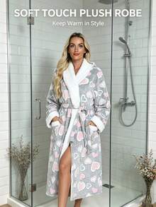 Neue lange warme Damen-Bademantel, weicher warmer bedruckter Samt-Bademantel, Herbst/Winter verdickter Stil, Damen lässiger Strick-Bademantel in Knie-Länge mit Bindegürtel und Taschen, Haus-Bademantel, Halloween-Kostüm, Weihnachtsgeschenk - A - Übersicht 6