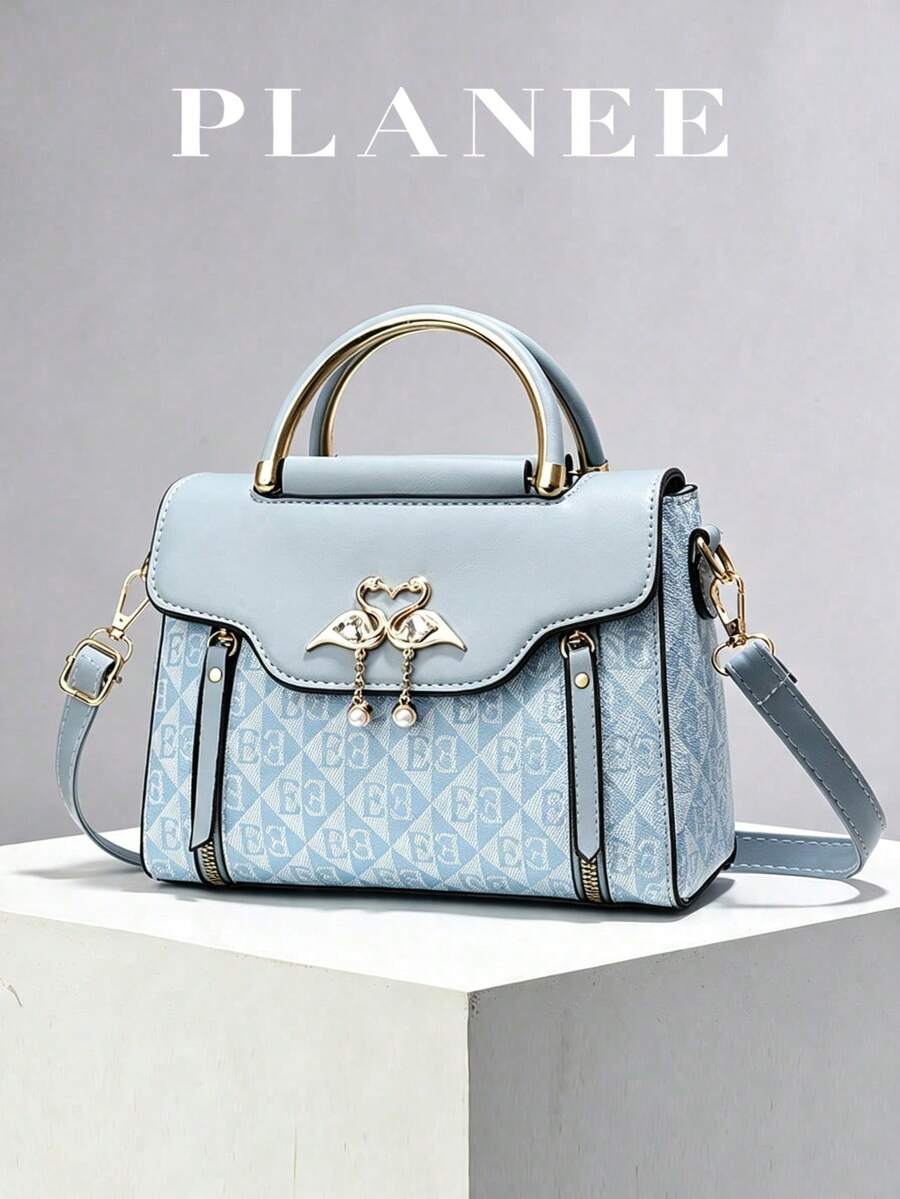 1 buah Tas Tangan Mini Persegi Warna Polos Wanita, Tas Selempang Modis dengan Pegangan Atas, Dompet Bahu Mini dengan Dekorasi Gesper - Dusty Blue - View 1