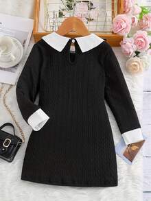Young Girls Contrast Collar Black Fitted Long Sleeve Dress Suitable For Holiday Party Gift Autumn Winter - Black - View 3