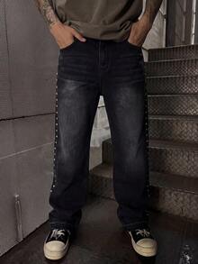 Y2K American Street Style Side Rivet Denim Jeans, Washed Distressed Frayed Hem Long Pants For Men - Black - View 1
