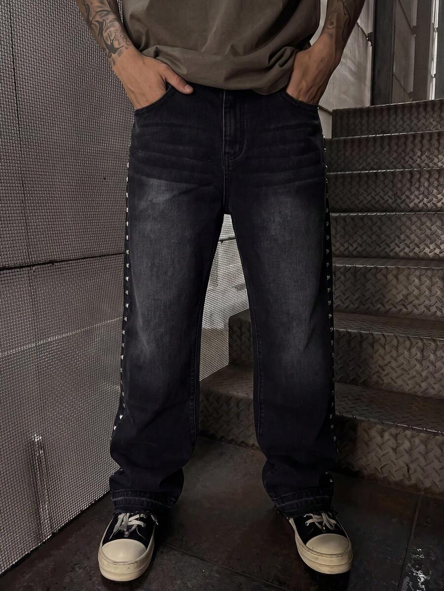 Y2K American Street Style Side Rivet Denim Jeans, Washed Distressed Frayed Hem Long Pants For Men - Black - View 1