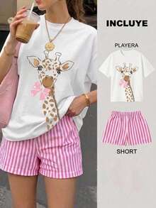 Women Two-Piece Outfits - 2 Playera Blanca con Short Rayas Rosa con Blanco - View 1