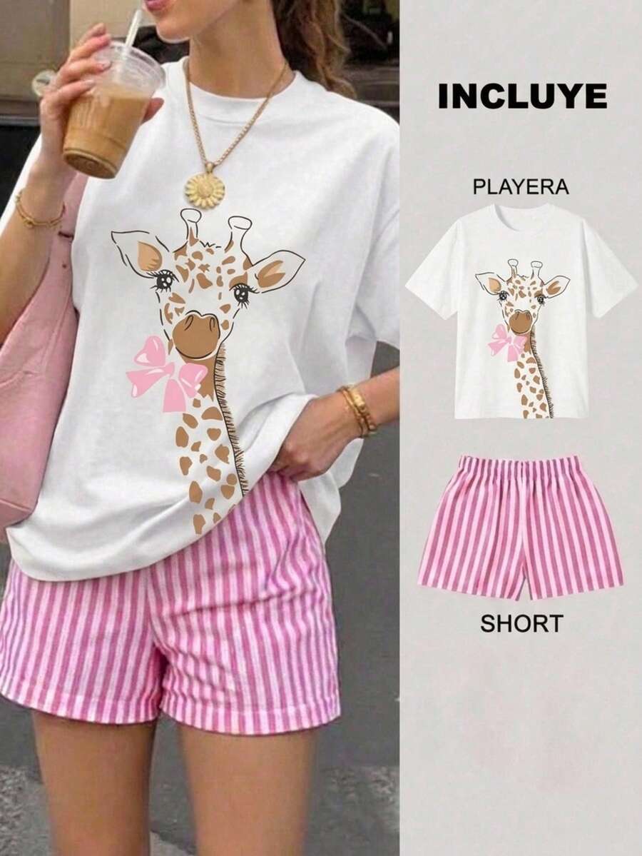 Women Two-Piece Outfits - 2 Playera Blanca con Short Rayas Rosa con Blanco - View 1