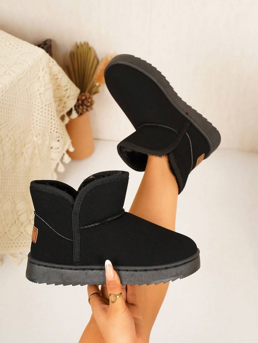 Women's Winter New V-Cut Design Snow Boots, Thermal Lined Comfortable Black Ankle Boots, Suitable For Winter Outdoor Travel - Black - View 1
