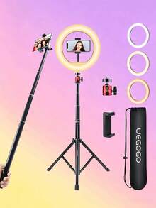 UEGOGO 10-Inch Ring Light (With Adjustable Tripod And Ball Head) - Portable LED Lighting Kit, Equipped With Phone Holder; Suitable For Makeup, Selfie, Video Call, Live Streaming, Photography And Social Media Content Creation. Perfect As A Holiday Gift. - Black - View 3