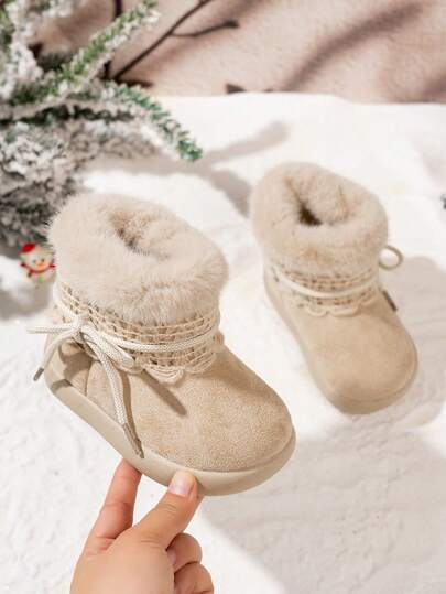 1 Pair Comfortable Warm Winter Snow Boots For Boys Girls Toddlers Infants, Beige White, Suitable For Indoor Outdoor Campus Casual Sports