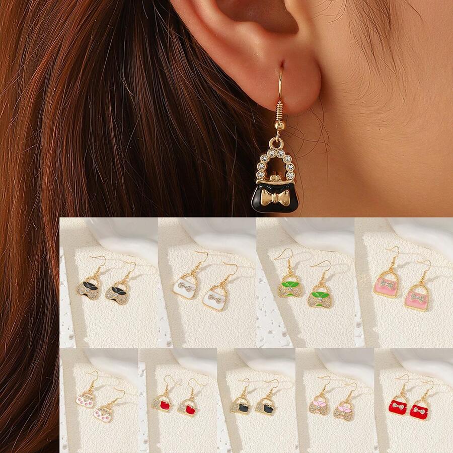 1pc Sweet Rhinestone Bow Mini Handbag Ear Hook, Multi-Color Drip Oil Cute Bag Shape Long Dangle Earrings, Creative Versatile Ear Jewelry For Girls - Red Bow - View 1