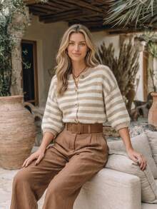 NiceArt Women's Striped Knit Cardigan, Short Sleeve Button Front Round Neck Top, Suitable For Autumn Layering - Khaki - View 6