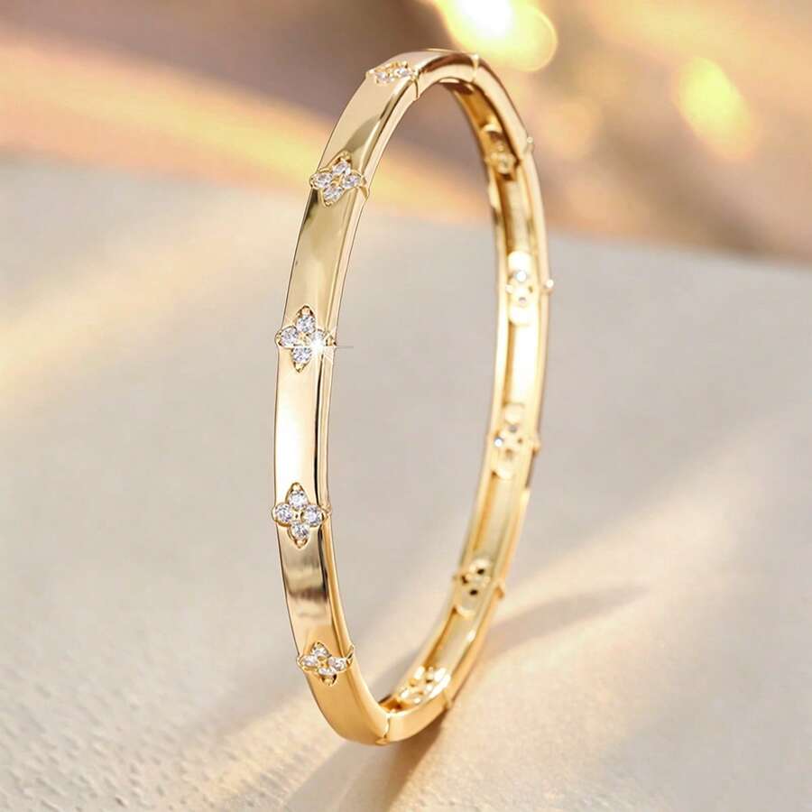 1pc Fresh Geometric Four-Leaf Flower Shaped Cubic Zirconia Inlaid Fashion Bracelet For Girls - Gold - View 1