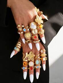 Random 37/22/6pcs Fashion Elegant Glamorous Bling-Bling Chunky Colorful Rhinestone Flower Heart Star Sun Cat Eye Shell Starfish Wide Band Ring Set For Women, Vacation Party Date Casual Holiday Banquet Travel Photo Daily Matching New Versatile - Yellow Gold - View 3