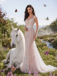 HEARBOBO Elegant Bohemian Deep V-Neck Cap Sleeve Backless Long Wedding Dress, Exquisite Embroidery Sequin Decor, Vintage Romantic Bridal Gown Fall - Apricot - View 7