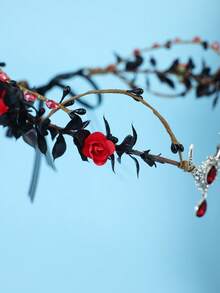 Crescent Moon Red Rose Witch Flower Crown Black Leaf Branch Headpiece Gothic Forest Witch Halloween Dark Bridal Head Accessory - Red - View 6