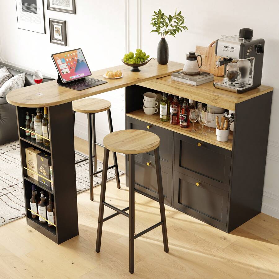 Bar-Set: Kitchen Island Table With Storage & 2 Black Bar Stools, Wood Effect, Side Grilles & - Black - View 1