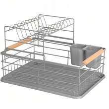 Escurridor de platos multifuncional para cocina, escurridor vertical con bandeja, escurridor de platos de doble capa con porta cubiertos, escurridor de platos desmontable con bandeja de goteo, - Doble capa multicolor - Ver 2