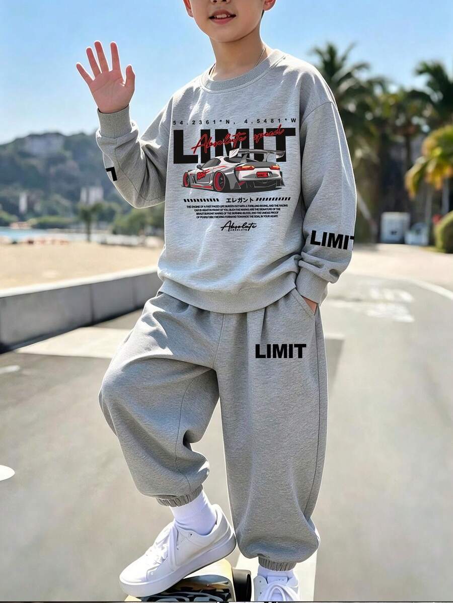 青少年男孩賽車圖案印花圓領衛衣 + 休閒運動長褲 2件套,秋冬套裝,校園風,返校造型 - 灰色 - 查看 1