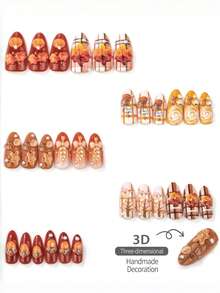 NAIO 10片裝可穿戴假指甲套組，3D南瓜楓葉橡實薑餅人咖啡杯麥穗蝴蝶結格紋圖案亮面杏仁形，適合日常辦公、秋季戶外旅行、豐收主題派對、休閒假日聚會活動 - 彩色 - 查看 4