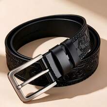 Vintage Men's Belt With Embossed Design And Alloy Buckle, Practical And High-Quality - Black - View 4