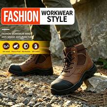 Men's Mid-Top Steel Toe Safety Work Shoes, Top Grain Suede Leather Protective Shoes, Side Zipper Design, Anti-Crush Industrial Work Boots - Brown - View 2