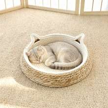 [Large Cat Compatible]Cute Cat Ear Round Woven Cat Scratching Bed & Scratching Post 2-In-1, Durable Rope Knot Scratching Board Comfortable Cat Bed, Indoor Space-Saving Cat Resting Station Scratching & Napping All-In-One Cat Supplies, Perfect For Medium And Large Cats - Multicolor - View 8
