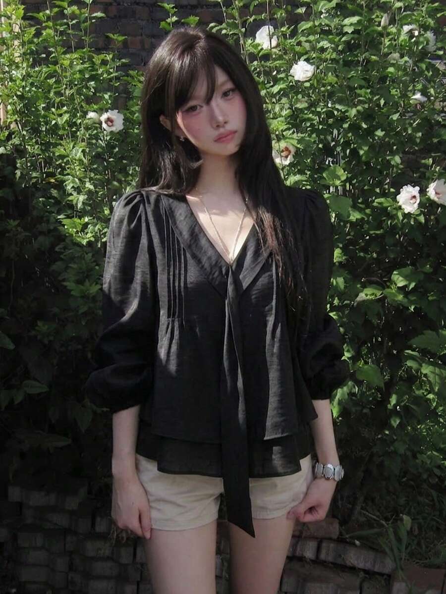 YCYC 韓式風格蝴蝶結女款上衣 黑色 - 黑色 - 查看 1