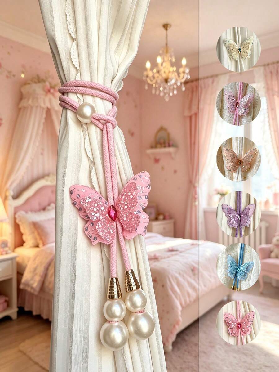 Butterfly Curtain Tieback, Pearl Decor, Adjustable Decorative Rope Curtain Clip, Suitable For Home Curtains, Bedroom, Nursery And Living Room Window Decoration - Multicolor - View 1