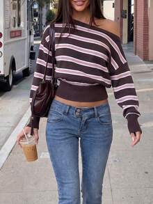 FOR BEAUTY Women's Summer Autumn Winter Brown & Pink Striped Y2K One Shoulder Cold Shoulder Cropped Long Sleeve Ribbed Knit Sweater, Suitable For Party And Date Outings - Multicolor - View 1