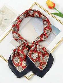 1pc Bohemian Paisley Pattern Silk Scarf, 27.5" X 27.5", Fashionable Design, Suitable For Daily Wear. - S18356-red - View 1