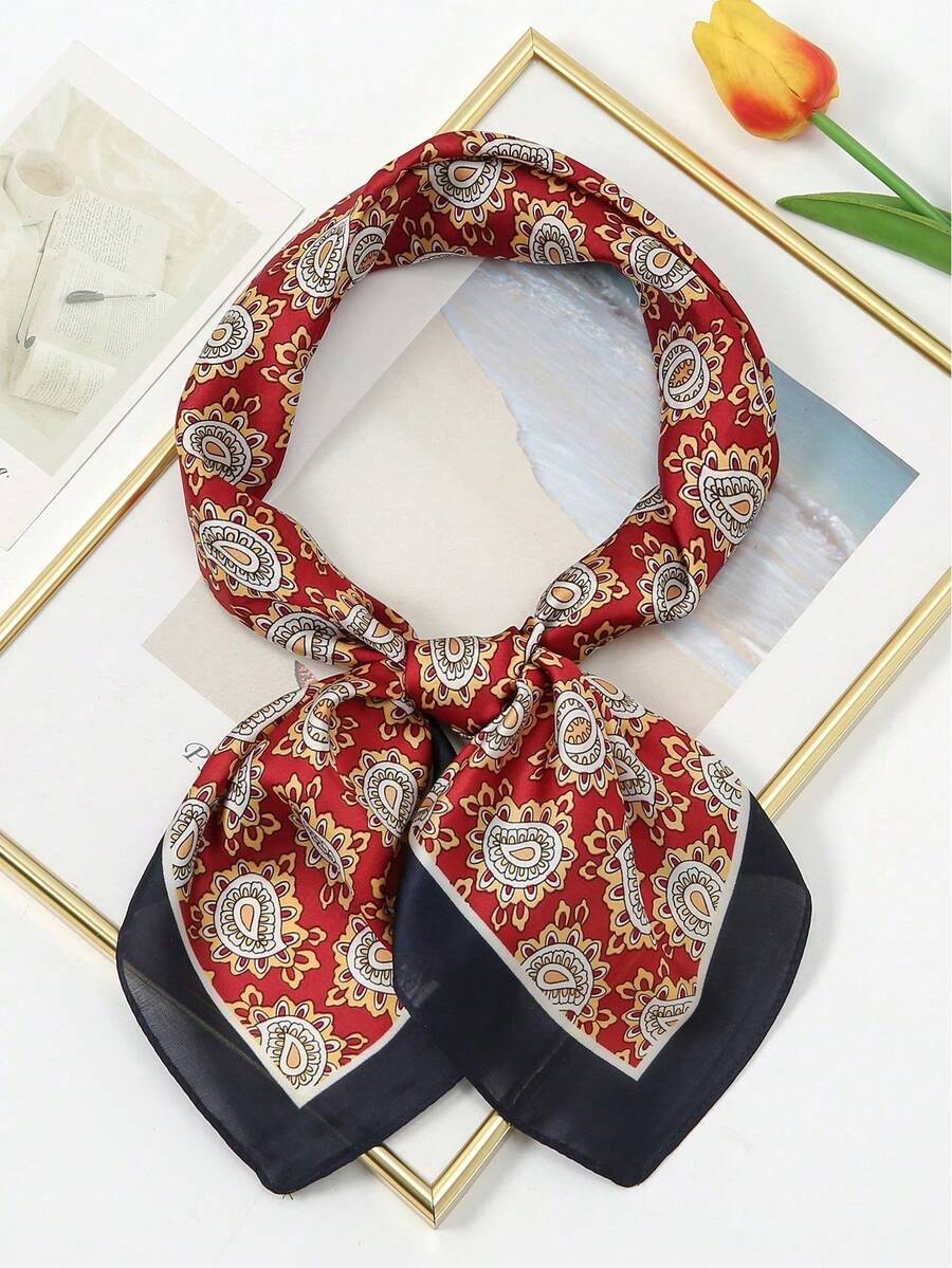 1pc Bohemian Paisley Pattern Silk Scarf, 27.5" X 27.5", Fashionable Design, Suitable For Daily Wear. - S18356-red - View 1