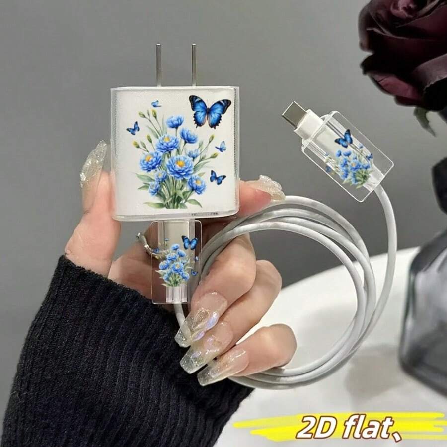 3 Stücke wunderschöner lila Blumenstrauß mit fliegendem Schmetterling Datenkabel-Schutz, kompatibel mit iPhone 20W/18W Ladegerät - Verschiedenfarbig - Übersicht 1