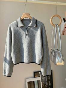 1pc Vintage Colorblock Collared Button Pullover Sweater, Slouchy Premium Soft Loose Knit Top For Women - Grey - View 3