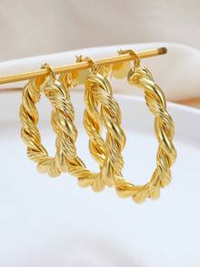 1pc European & American Style Thick Twisted Rope Hoop Earrings, Copper Plated Gold Hollow Lightweight Clip-On Ear Rings, Premium Versatile Commute & Vacation Earrings For Women, 3 Sizes Available - Gold - View 4