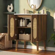 61cm Freestanding Bathroom Cabinet With Breathable Rattan Doors, Fixed Shelves & Large Storage Space Under Ceramic Washbasin, Faucet Not Included - 核桃 - 查看 4