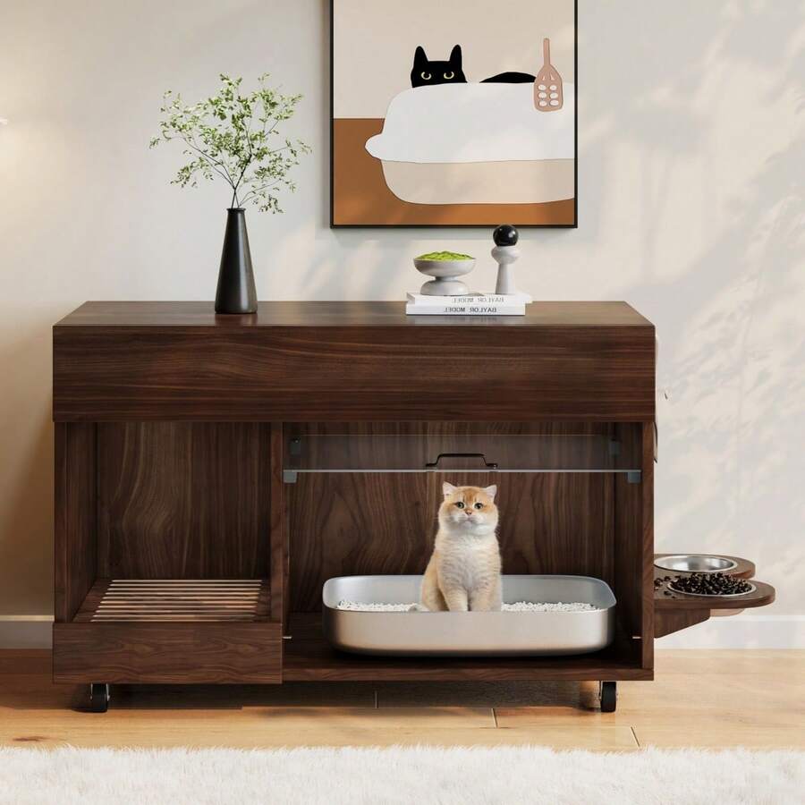Cat Tree With Cat Mat, Cat Furniture, Pet Cabinet With Rattan Drawer, Pet Sideboard/TV Stand, No Cat Box, White, 120x50x65 - Single Door, 100*45,5*67 cm - View 1