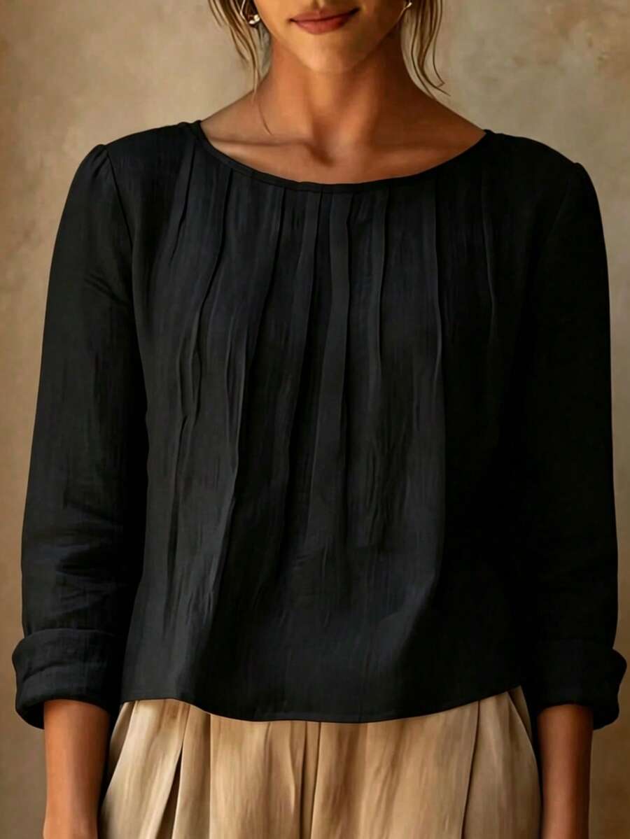 Women's Elegant Pleated Long Sleeve Blouse, Regular Fit Solid Color Top, Suitable For Spring And Autumn Wear, Vintage Style Regular Hem Top - Black - View 1