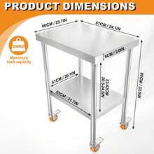 SAILUN Stainless Steel Table Kitchen Workbench Food Prep Worktable | Catering Work Table Double-Layer Height Adjustable With 4 Castor Wheels For Restaurant Hotel Home, Up To 300kg - 60x61x85cm - View 3