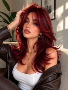 Women's Burgundy Long Layered Wavy Wig With Red Highlights, Wolf Cut Style Synthetic Fiber Hairpiece With Curtain Bangs, Heat-Resistant Face-Framing, Suitable For Daily Wear, Party And Cosplay - Red Highlight - View 4