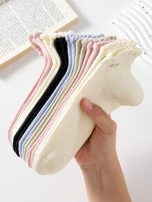 5 Pairs Women's Short Socks With Letter Pattern And Lace Trim, Non-Slip, Comfortable And Breathable, Suitable For All Seasons, Ideal For Sports And Casual Wear - Multicolor - View 3