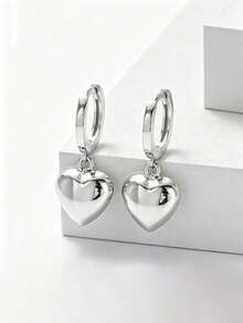 SYMFNY 1 Pair 925 Sterling Silver 3D Heart-Shaped Stud Earrings, Smooth Solid 3D Heart Pendant Hoop Earrings - Love - View 3