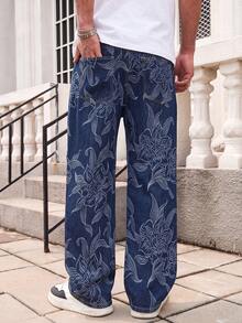 Men's Deep Blue Washed Large Floral Jacquard Loose Fit Jeans, Vintage Loose Fit Jeans - Blue - View 2
