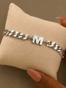 ZCNC 1pc Men's Versatile Uppercase English Letter Stainless Steel Bracelet, Waterproof, Suitable For Daily Wear, Parties, Gifts For Family And Friends - Silver - View 1