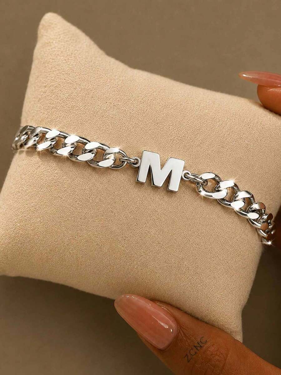 ZCNC 1pc Men's Versatile Uppercase English Letter Stainless Steel Bracelet, Waterproof, Suitable For Daily Wear, Parties, Gifts For Family And Friends - Silver - View 1