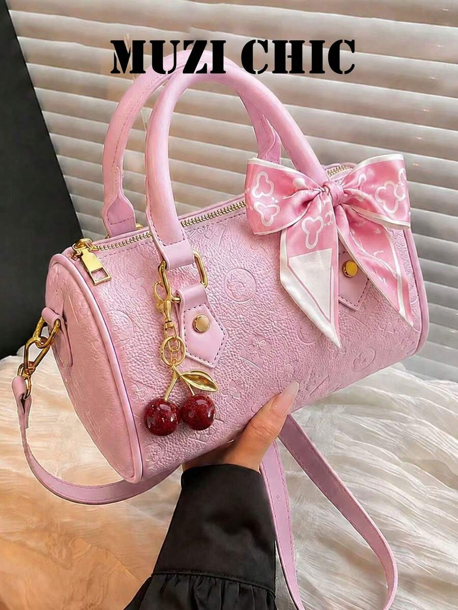 Geometric Embossed Design Body Bag With Silk Scarf And Cherry Charm, Handheld, Shoulder, Crossbody, Zipper Closure, Lightweight Luxury Vintage Style Boston Bag For Commuting, Dating, Travel, Gathering, Shopping - Pink - View 1