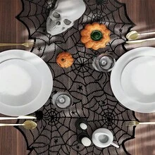 1pc Halloween Asymmetrical Spider Web Table Runner, Hollow Lace Black Vintage, Suitable For Party Atmosphere Decoration And Home Decor, Party Dining Table Decoration, Kitchen, Fireplace Mantel, Bedroom Decoration Table Runner - Spider Web Table Runner - View 11