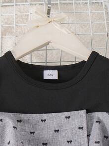 2pcs/Set Girls Casual Minimalist Long Sleeve Grey & Black Colorblock Dress - Black - View 5