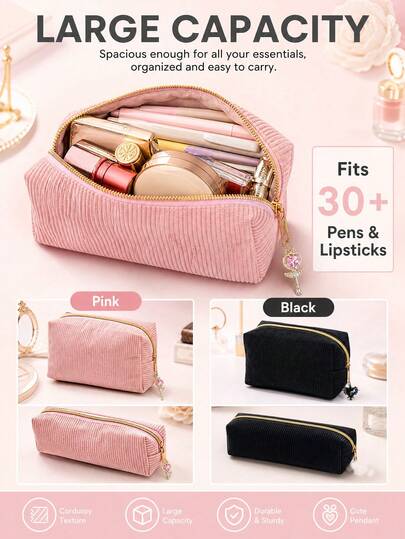 Corduroy Striped Pencil Case, Solid Color Large Capacity Zipper Pencil Bag, Minimalist Stationery Storage Bag, Student Portable Makeup Bag, Multi-Functional Travel Small Storage Bag, Simple Aesthetic School Supplies Organizer