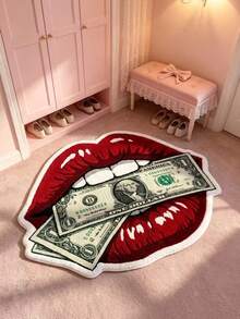 1pc Cool Red Lips Biting Dollar Bill Velvet Rug, Decorative Carpet, Bedroom Decor, Small Rug, Carpet, Home Decor, Living Room Rug, Living Room Small Rug, Bedroom Rug, Living Room Home Decor, Outdoor Rug, Washable Carpet - Red - View 3