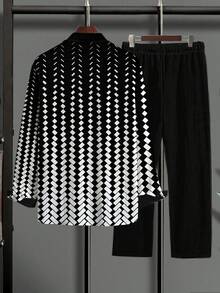 Setelan Kemeja Lengan Panjang dan Celana Panjang Motif Geometris Ukuran Besar untuk Pria, Pakaian Kasual - Hitam - View 3